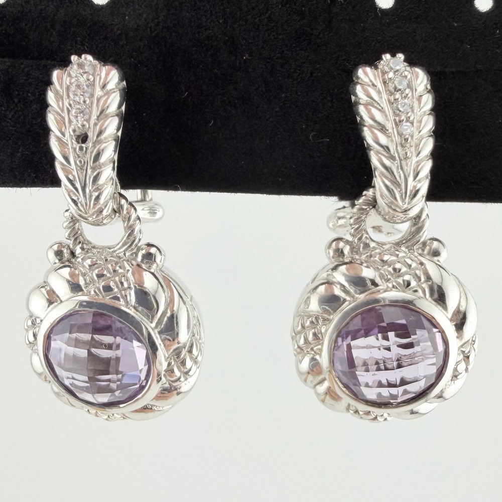 Judith Ripka Sterling Silver Amethyst CZ Drop Earrings Purple Fleur De Lis